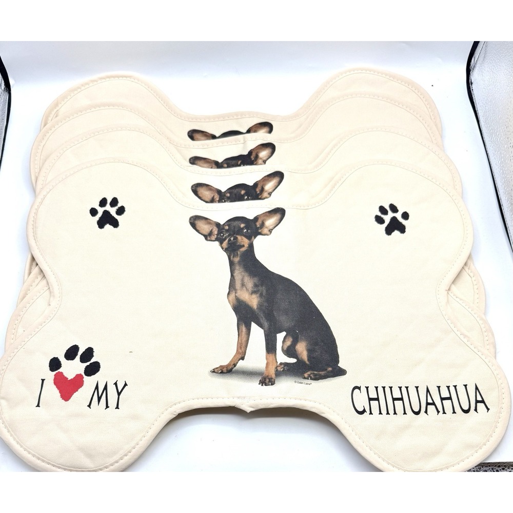 Placemats Set of 4 Bone Shaped Kitchen I ❤️ My Chihuahua Black Tan Apple Deer